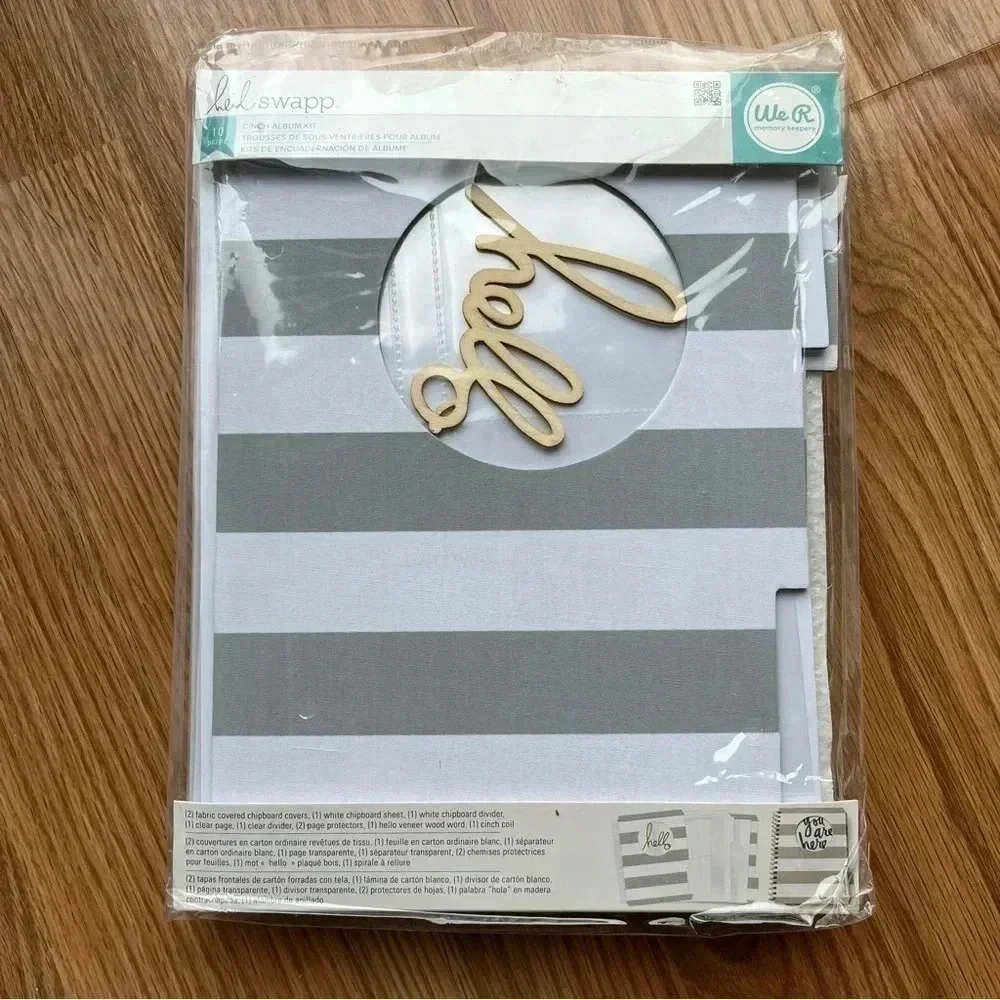 Heidi Swapp Cinch Album Kit New 10 Pc Craft Scrapbooking Grey White Stripe Hello